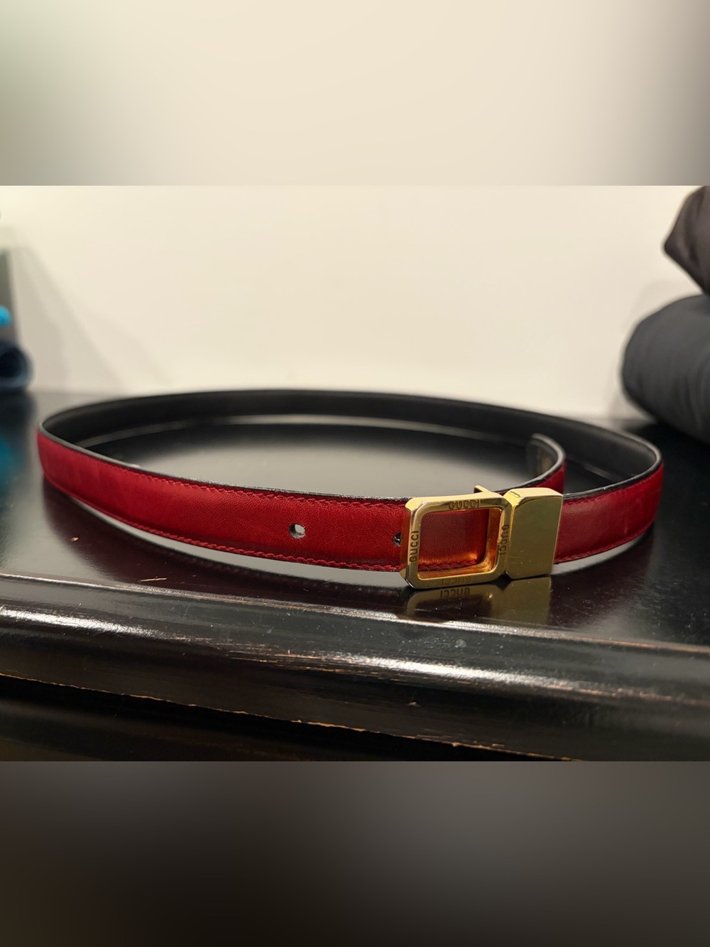 Gucci Slim Red Leather Belt with Gold-Tone Square Buckle